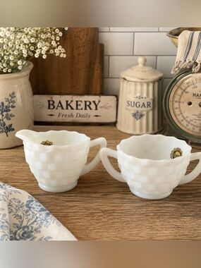 Vintage Hazel Atlas White Milk Glass Creamer & Sugar Bowl Set